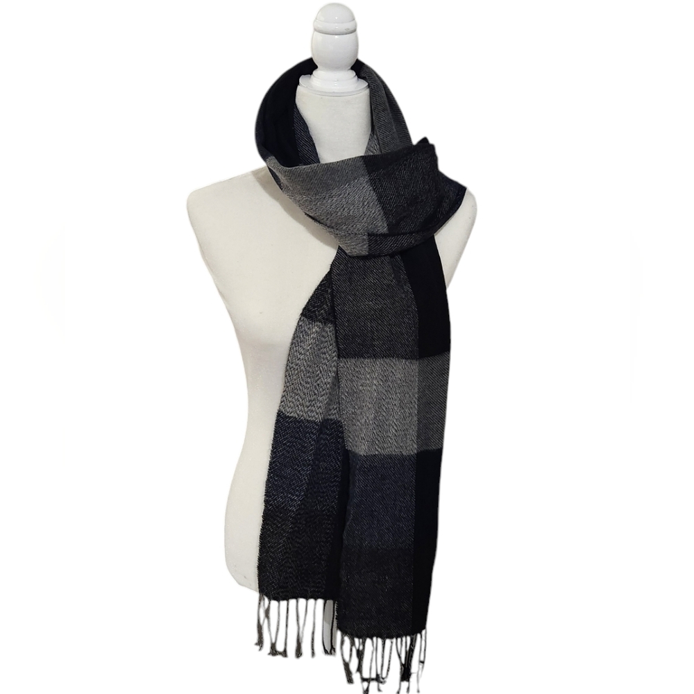 Italy Made Fringed Scarf Shades Of Black and Gray. Size 16x64"